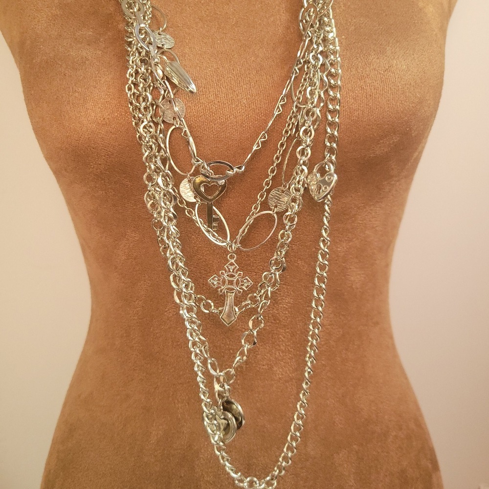 Silver Tone 5 Strand Layered Charm Necklace Cross Heart Key One Size Grunge - Picture 5 of 5